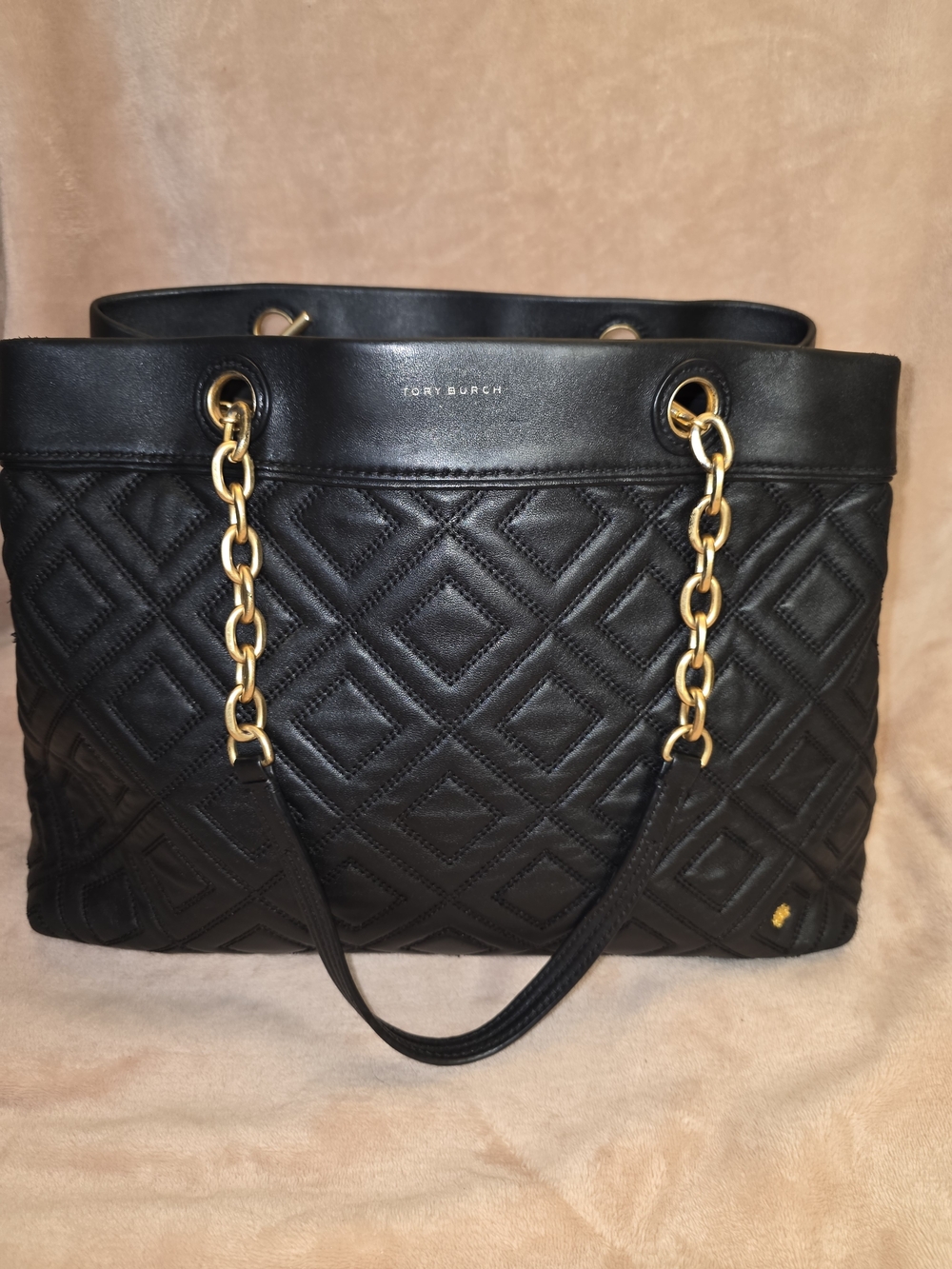 Tory Burch Black Quilted Leather Tote with Gold Chain Handles